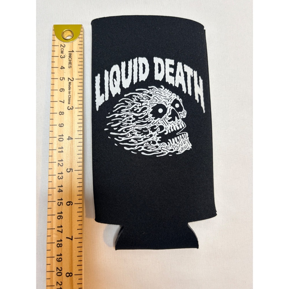Liquid Death Mountain Water Tall Boy Can Cooler Sleeve Black Skull Graphic